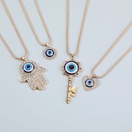 S3174 Fashion Jewelry Geometric Evil Eye Pendant Necklace Fatima Heart Key Rhinestone Blue Eyes Necklaces
