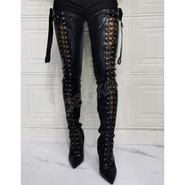 Sexy women Over Knee Hollow Out Boots Ribbon Lace Up Thigh High Boot Out Gladiator Heels Big Size