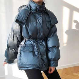 レディースダウンパーカス冬のドローストリングウエストコットンコートルーズポケット長袖暖かい女性肥厚された風のないジャケット220829