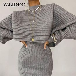 Two Piece Dress Women Elegant Slim Sets Female Sweater Autumn Winter High Waist Knitted Ensemble Femme Medium Long Party es 220830