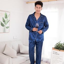 Men's Sleepwear Silk Satin Men Pajamas Set Fashion Couple Solid Color Long Sleeve Suit Casual Two Piece Pyjama Autumn Elastic Homewear 220830