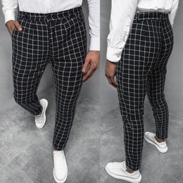 Men's Pants Men's Casual Plaid Skinny Pencil Zipper Elastic Waist Trousers Men Stretch