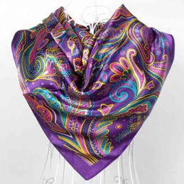 Sarongs Spring и осень -женский атласный шарф с большим квадратным шарфами хиджаб печатные женщины -шарф -фиолетовый полиэстер шелковый шарф Шал 90 90 см T220827