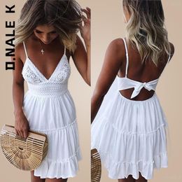 Casual Dresses D.Nale K V Neck Party Sundress Black Yellow Pink Summer Sexy Women Dress Strappy Lace White Mini Dresses Female Ladies Beach 220829
