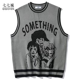 Men's Sweaters College Knitted Vest Sweaters Men Women Street Hip Hop Casual Band Cartoons Anime Pattern O-neck Sleeveless Sweaters Tops 220830