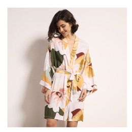 Women's Robe Sleepwear Spring Thin Cottonsilk Women Nightgown Flower Printed Longsleeve Pajamas Bathrobe for Female 220830