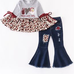 Special Occasions Girlymax 3 Colour Christmas Tree Santa Baby Girls Leopard Plaid Flare Top Ruffle Denim Jeans Bell-bottoms Pants Set Kids Clothing 220830