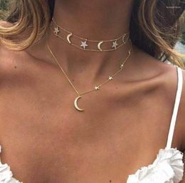 Chokers Necklaces Multilayer Crystal Choker Necklace 2022 Bohemian Layered Star/Moon Pendant Vintage Women's Jewelry Party Gift