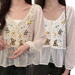 Women's Blouses MXMA Women Hollow Crochet Butterfly Blouse Puff Long Sleeve Buttons V-Neck Loose Top