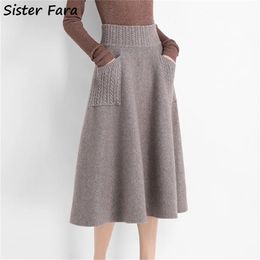 Skirts Sister Fara Autumn Winter Wool Knitting Long Women High Waist With Pocket Loose Female Solid Knit MidCalf Skirt 220830