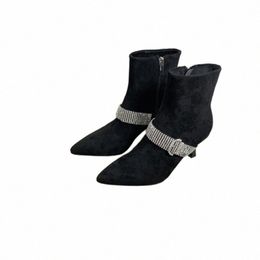 Boots autumn and Winter Designer Luxury Womens Small Black Rhinestone Chain Suede Fashion Pointed High Heel Short Boot