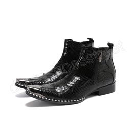 Winter Genuine Leather Men Ankle Boots Metal Square Toe Party Short Boots Zipper Motorcycle Boot Male Shoes