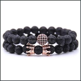 Beaded Strands 10Pc/Set Natural 8Mm Crown Volcano Stone Cz Round Bracelet Sets Gifts For Men Women Handmade Yoga Jewelr Dhseller2010 Dhiq1