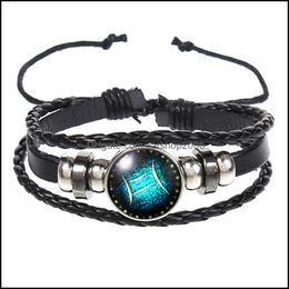 Charm Bracelets Fashion Jewellery Design Twee Constellations Leather Bracelets Retro Hand-Woven Beads Diy Zodiac Bracelet For Women M Dhljx