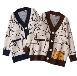 Women Button Down Knit Sweater Long Sleeve V Neck Cartoon Cat Pattern Loose-fitting Cardigan for Autumn Winter Coffee/ Navy Blue