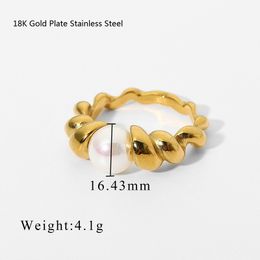 18K Gold Plated Stainless Steel Rings Finger Chunky Wedding Engagement Statement Jewelry Shell Freshwater Pearl Zircon Ring