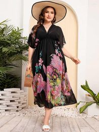 Plus Size Dresses For Women 2022 Summer V Neck Short Sleeve Floral Print See Through Sexy Chiffon Dress Boho Beach