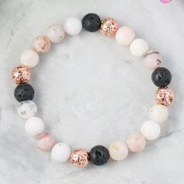 MG1563 Strand Womens Pink Opal Essential Oil Diffuser Bracelet Rose Gold Lava Bead Wrist Mala Bracelet Calming Love Jewellery