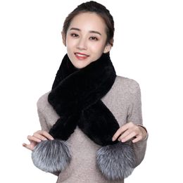 Women Real Rex Rabbit Fur Scarf Shawls With Fox Fur Pompom Winter Warm Neckerchiefs