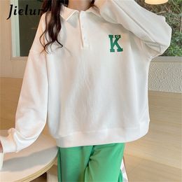 Womens Hoodies Sweatshirts Jielur Autumn Polo Women Hoodies Korean Fashion Streetwear Casual Loose Cool Buttons Letter Print Gray White Black Sweatshirt 220831