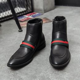 -Bottes courtes britanniques Men de chaussures Ribbon Pu Diagonal Zipper Point Fashion Fashion Casual Street Party British Style AD066