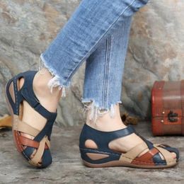 Sandals Women 2022 Summer Soft Sole Closed Toe Wedges Shoes Hollow Out Non Slip Pu Leather Ladies Mixed Color Female