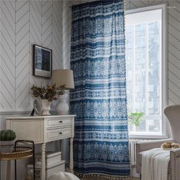 Curtain 1.5M Width Lace Blule Printed Cotton Linen Tassels Kitchen Living Room Bay Window