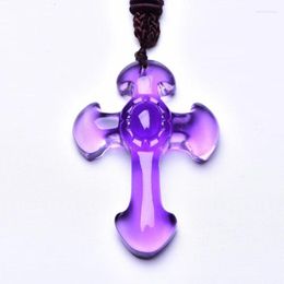 Pendant Necklaces Wholesale Natural Crystal Purple Hand Carved Cross Fine Carving Mascot Amulet Lucky Rope Chain Necklace