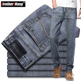 Mens Jeans Classic Style Business Casual Advanced Stretch Regular Fit Denim Trousers Grey Blue Pants Male 220831