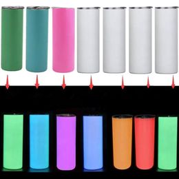 DIY Sublimation Blanks 20oz Tumbler Glow In The Dark Straight Skinny Tumblers Double Wall Stainless Steel Vacuum Insulated Bottle Luminous Paint Luminous