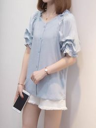 Women's Blouses Oversize 4xl V-neck Loose Blouse Female Summer Korean Light Blue Shirt Lantern Sleeve Ruffles Large Tops Single Breasted