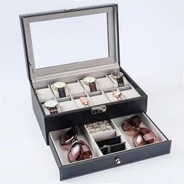 Watch Boxes Large Double-Layer Leather Storage Box Organiser Mens Display Holder Cases Black Jewellery Gift Case