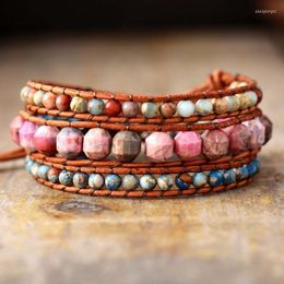 Strand A Leather Wrap Bracelets W/ Natural Stone Pink Rhodonite Statement Bracelet Women Teengirls Boho Jewellery Bijoux Drop
