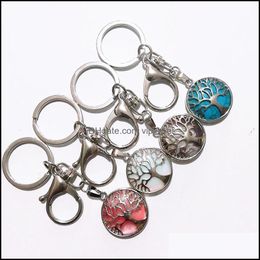 Key Rings Natural Stone Key Rings Hollow Tree Of Life Keychain Pink Tingers Eye Gemstone Rose Quartz Car Bag Pendant Keyring Jewelry Dhjvp