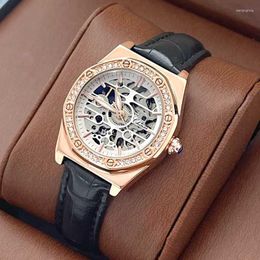 Watch Boxes Ladies Exquisite Diamond Women Waterproof Leather Strap Hollow Automatic Mechanical