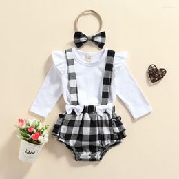 Clothing Sets Infant Girl Clothes Long Sleeve Bodysuits Suspenders Shorts Bow Headband Plaid Print Ruffle Decoration Fall