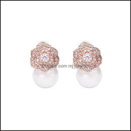 Stud Lovely Diamond Zircon Camillia Flower Pearl Earrings For Woman Girls Super Glittering Ins Fashion Luxury Designer 925 Sier Post Dhirz