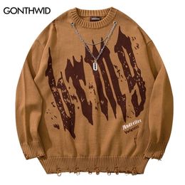Men's Sweaters Hip Hop Knitted Sweater Harajuku Graffiti Ripped Hole with Chain Jumpers Sweater Autumn Korean Casual Pullover Sweaters 220831