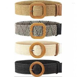 Belts Women Straw Woven Elastic Stretch Waist Belt Skinny Dress Braided With Wooden Style Buckle Shirt Accessories 100cm