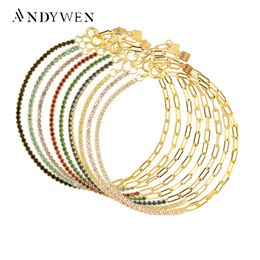 Bangle ANDYWEN 925 Sterling Silver Rainbow Zircon Chain Bracelet Women Fashion Fine Jewellery Rock Punk Colourful CZ Gift 220831