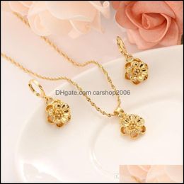 Earrings Necklace Women Jewelry Set Cute Plated 18 K Solid Gold Gf Rose Pendant Flower Necklaces/Earrings Europe Wedding Girl Gift A Dhmow