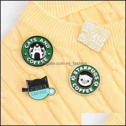 Pins Brooches Cats Coffee Enamel Pin Custom Pug Puppy Cat Cafe Brooches Badges Bag Shirt Lapel Buckle Cute Animal Jewellery Mjfashion Dhvdc