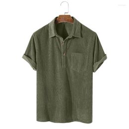 Men's Polos Male Casual Corduroy T Shirt Blouse Solid Turn Down Collar Short Sleeve Shirts Mens Tall White
