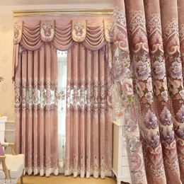 Curtain Pink High-end Curtains For Living Room Blue Peony Embroidery Chenille Luxury European Jacquard Floral Window Treatment Drapes