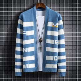 Мужские свитера Полосатый контрастный мужской свитер 2022 Модный кардиган с воротником-стойкой Повседневный