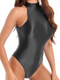 Women's Swimwear Womens Solid Color Sleeveless Leotard Swimsuit One Piece Glossy Mock Neck Back Zipper Bodysuit Beach Pool Swimming Suit