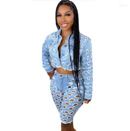 Women's Tracksuits Denim Outfits For Women Bodycon Bandage Two Piece Set Jeans Hole Cut Out Frayed Streetwear Crop Top And Shorts Sets