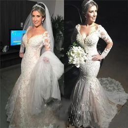 Vintage Long Sleeve Lace Mermaid Wedding Dresses 2022 Ivory Appliques With Champagne Lining Pearls Beaded V-Neck Chapel Bridal Gowns