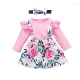 Clothing Sets 0-18M Floral Clothes Set For Baby Girls Soft Long Sleeve Romper Belt Skirts With Headband 3Pcs Spring Infant Kids Suits