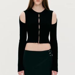 Women's Sweaters Women's Fall Korean Fashion Cropped Cardigan Women Black Off Shoulder Long Sleeve Crop Top Knit Cute Sexy Hollow